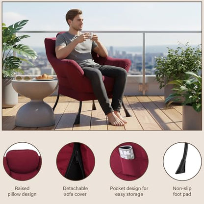 Welnow Burgundy Single Lazy Chair for Adults，Modern Reading Accent Chair | A Side Pocket,Armrests,Thick Cushioned Seat & Backrest, Lounge Reading Chair for Bedroom,Living Room & Small Space - color: Burgundy Without Stool