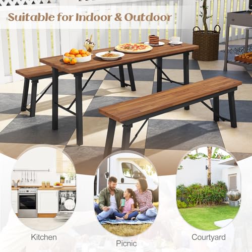Tangkula 59" Narrow Outdoor Dining Table for 4-6, No Assembly Foldable Patio Dining Table with Acacia Wood Top & Heavy Duty Metal Frame, Portable Table for Yard, Garden, Poolside or Indoor (Natural)
