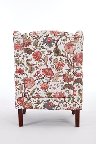 GDFStudio Modern Wingback Accent Chair with Solid Wood Legs and Cushion, Comfy Upholstered Floral Pattern Armchair, Retro Leisure Single Sofa Chair for Living Room Bedroom Home, Bean Paste Red - color: Bean Paste Red