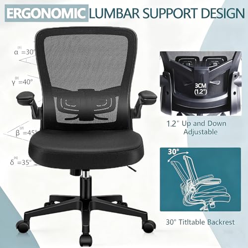 Desk Chairs with Wheels, Ergonomic Mesh Office Chair Adjustable Height and Swivel Lumbar Support Home Office Chair with Flip Up Armrests (8PK) - color: Black, size: 8PK
