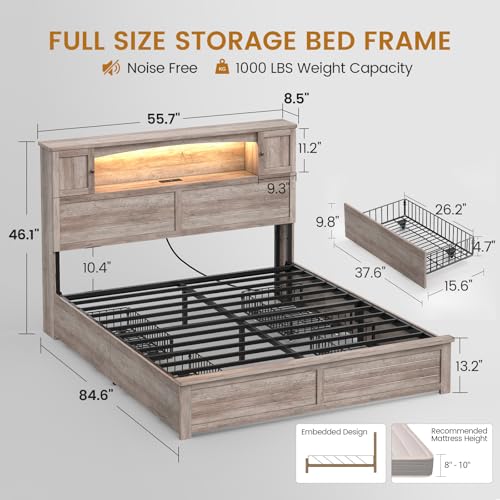 MSmask Farmhouse Bed Frame Full Size with Bookcase and Storage Cabinets Headboard, Wood Platform Bed with LED Lights, Charging Station, 4 Drawers, Decoration Footboard, No Box Spring Needed, Grey - color: Grey, size: Full