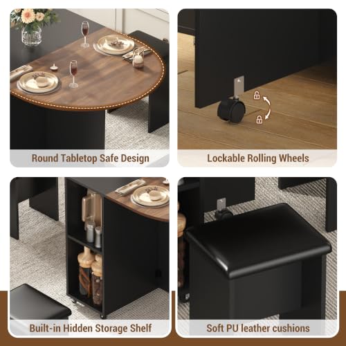 60" Extendable Drop Leaf Dining Table Set with 4 Leather Chairs,Storage,5 Pcs Oval Foldable Kitchen Table and Chairs Set for 4-8 People,6 Wheels,Folding Table Set for Small Space Saving,Walnut - color: Walnut