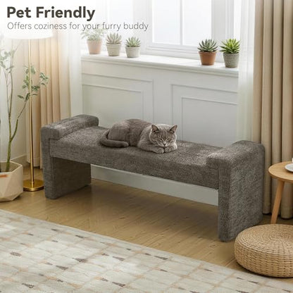 Upholstered Entryway Bench, 58.7" Modern Bedroom Bench, Brown | Sherpa Fleece, Curved Armrests, Solid Wood Frame, End of Bed, Bedroom, Living Room, Hallway - color: Brown-sherpa, size: 58.7"