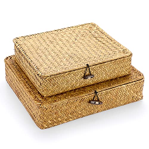 Hipiwe Set of 2 Flat Woven Wicker Storage Bins with Lid Seagrass Basket Box | Natural Handwoven Basket Multipurpose Home Organizer Bins Boxes for Shelf Organizer, Caramel - color: Caramel