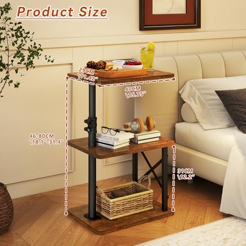 IBUYKE 360° Swivel Height Adjustable C Shaped Side Table,Brown UTVT006H | Tv Tray Table,End Table for Small Spaces Sofa Bed,With Storage Shelf,3-Tier Night Stand,For Living Room,Bedroom - color: Brown