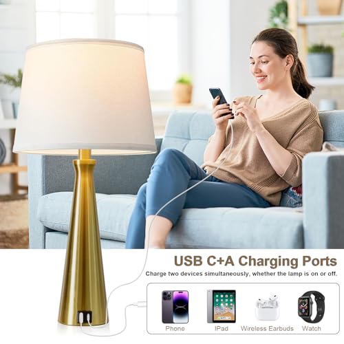 Modern Touch Lamps for Nightstand, 3 Way Dimmable Bedroom Lamp Set of 2 | USB C+A Charging Ports, Gold Bedside Lamps for Bedroom, Living Room, End Table, Bed Side, LED Bulb Included - color: G. Gold Base-White Shade