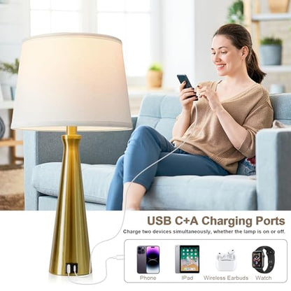 Modern Touch Lamps for Nightstand, 3 Way Dimmable Bedroom Lamp Set of 2 | USB C+A Charging Ports, Gold Bedside Lamps for Bedroom, Living Room, End Table, Bed Side, LED Bulb Included - color: G. Gold Base-White Shade