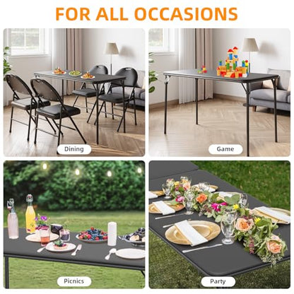 Garvee 4 ft Folding Table Indoor Outdoor, Protable Foldable Card Table, Lockable Metal Legs Support, Upholstered PU Leather Tabletop, Heavy Duty for Picnic Parties Wedding BBQ Camping (Black-1)