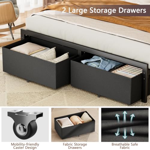 Queen Bed Frame with 2 Storage Drawers & Upholstered Headboard | Metal Platform Bed with Storage Shelf, Charging Station, LED Lights and Heavy-Duty slats, No Spring Box Needed, Noise-Free - size: Queen, style: Bed Frame with Drawer