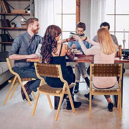 Wood Folding Chairs, Foldable Chairs Chairs Wooden Indoor Stackable Dining Chairs for Kitchen & Dining Room Chair Woven Seat & Webbing Back, Dining Chair Set of 2 - color: Brown/Natural, Pu Leather