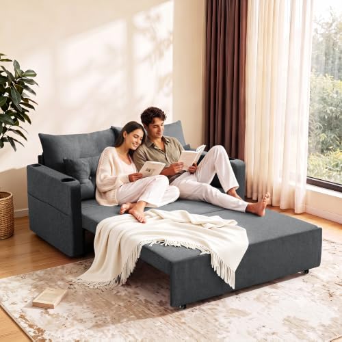 Krcix 3 in 1 Sofa Bed, 56" Pull Out Couch, Convertible Loveseat Sleeper | Sleeper Sofa with Cup Holder, Storage Pocket, USB, Family Couches for Living Room, Bedroom, Apartment, Dark Grey
