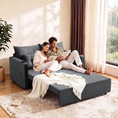 Krcix 3 in 1 Sofa Bed, 56" Pull Out Couch, Convertible Loveseat Sleeper | Sleeper Sofa with Cup Holder, Storage Pocket, USB, Family Couches for Living Room, Bedroom, Apartment, Dark Grey