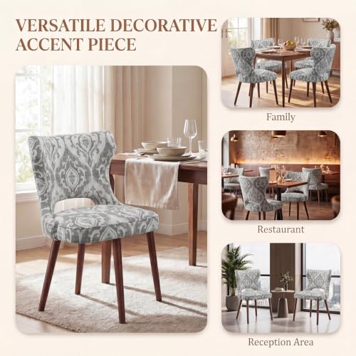 Wooden Dining Chairs Set of 4, Mid Century Dining Room Chairs with Solid Wood Legs, Upholstered Fabric Kitchen Chairs with Ergonomic Curved Backrest for Kitchen Dining Room, Jacquard - color: Jacquard, size: Set of 4