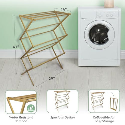 BROOKSTONE, Eco-Friendly Bamboo Drying Rack, Collapsible Laundry Clothes Hanger, 10 Hanging Bars, Minimalist Space Saving Design