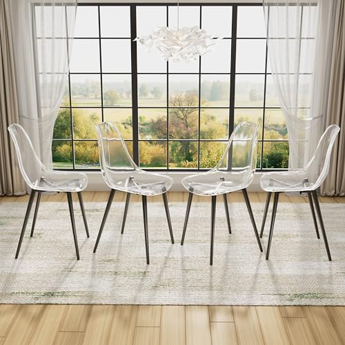 Baysitone Clear Dining Chairs Set of 4, Modern Kitchen Chairs with Transparent Seat, Acrylic Accent Side Chairs with Plating Metal Legs for Dining Room, Kitchen, Living Room with Black - color: Black, size: Set of 4