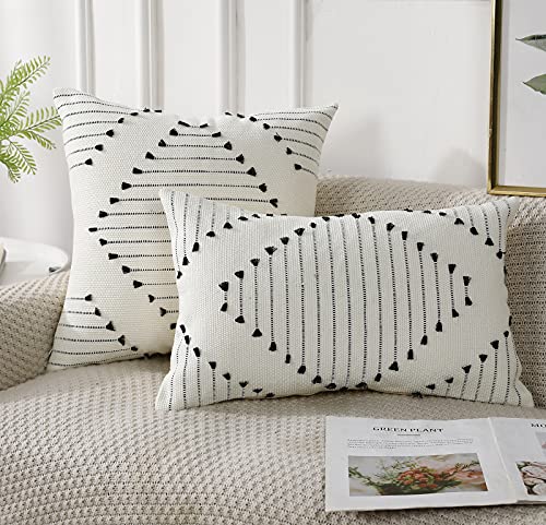 PANOD Knitted Boho Tufted Throw Pillow Covers with Tassel 12x20 inch, Decorative Indoor Outdoor Bohemian Lumbar Cushion case Pillowcase for Couch Sofa Livingroom car Farmhouse Black and Cream White - color: Ivory, size: 20" x 12" (Pack of 1)
