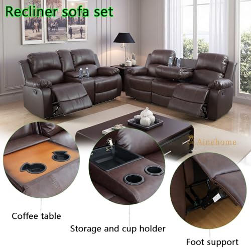 A Ainehome Living Room Furniture Set Leather Recliner Sofa Set Loveseat Chair Furniture Sofa Set for Living Room/Small Space/Rv/House/Office/Theater Seating (A-Brown Leather, Sofa+Loveseat) - color: A-brown Leather, size: Sofa+Loveseat