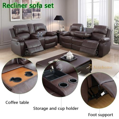 A Ainehome Living Room Furniture Set Leather Recliner Sofa Set Loveseat Chair Furniture Sofa Set for Living Room/Small Space/Rv/House/Office/Theater Seating (A-Brown Leather, Sofa+Loveseat) - color: A-brown Leather, size: Sofa+Loveseat