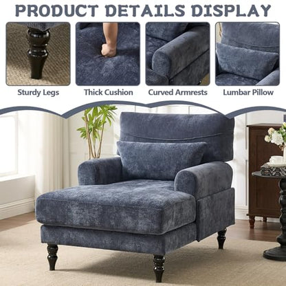 Chaise Lounge Chair Indoor Bedroom, Comfy Lounge Chair with Wide Armrest & Backrest for Small Space, Thick Cushion, High-Density Foam, Waist Pillow, Chenille (Blue) - color: Blue