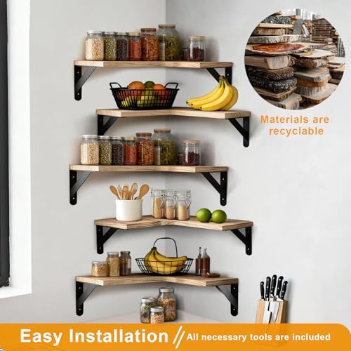5 Pcs Corner Floating Shelves Set,Wood Wall Mount Corner Shelf | for Wall Room Kitchen Bedroom Bathroom,L-Shaped Wood Shelves Storage Display for Home Decor(Lightly Burnt Brown)