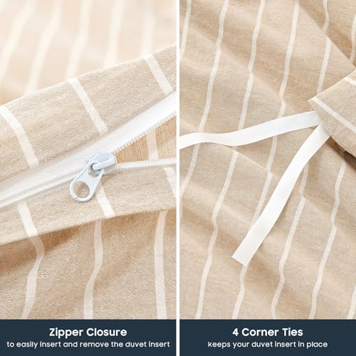 Wake In Cloud - Striped Cotton Duvet Cover Set, Ticking Stripe Vertical Pinstripe Farmhouse, 100% Washed Cotton Textured Bedding Set, 3 Pieces, Tan, Full Size - color: Tan, size: Full