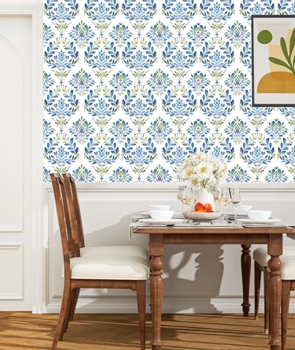 BOKEBEVE Boho Floral Peel and Stick Wallpaper Blue White 17.5 x 393.5In | Extra Long Leaf Contact Paper Modern Wall Paper for Bedroom Accent Walls Laundry Nursery Pantry Renter Friendly Removable - color: Blue/White, size: 17.5" x 393.5"
