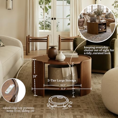 Walnut Round Coffee Table, 2-Tier 31.5" Open Storage Modern Center Table | Mid Century Wooden Circle Coffee Table with Shelf & Curved Wood Legs for Living Room, Home Office, Reception Room, Apartment - color: Walnut