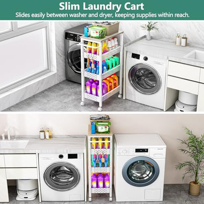 Vivihomety 4-Tier Laundry Utility Rolling Cart with Wheels, Kitchen & Bath | Narrow 8.1" wide, lockable wheels, wood top panel, metal frame, for laundry room, small spaces, pantry, tight gaps, White - color: White, size: 8.1 inch wide