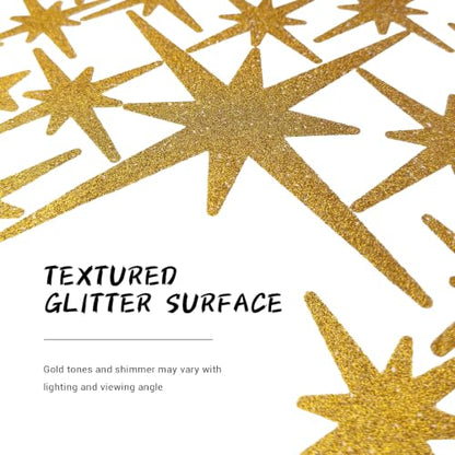 120 Pcs Glitter Gold Star Wall Decals | Retro Starburst Decor, Assorted Shapes & Sizes, Peel and Stick - style: Glitter Gold Star