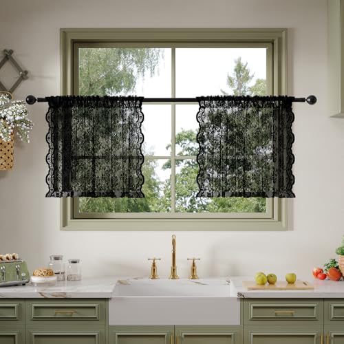 Anmao Vintage Lace Kitchen Curtains 24 Inches Long 2 Panels, Romantic Semi Sheer Floral Over Sink Lacy Cafe Curtain, Elegant Window Short Small Drapes, 55W x 24L, Black - color: Black Plum, size: 55"W x 24"L (Pack of 2)
