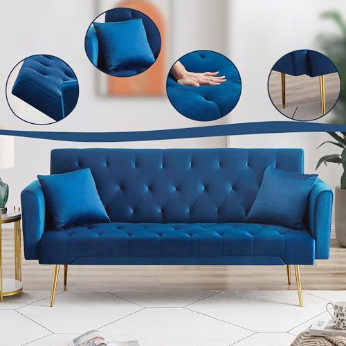 72"Modern Velvet Sofa Bed Futon,Convertible Folding Sleeper Bed Couches with 3 Adjustable Backrests,Tufted Recliner Love Seat with Golden Chrome Legs for Living Room Apartment Office (Navy+pillows) - color: Navy+pillows