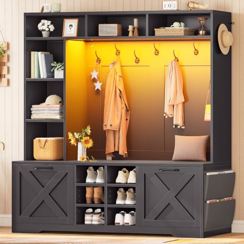 Itaar Hall Tree with Bench and Shoe Storage, 59.1" Farmhouse Entryway Bench with Coat Rack, Shoe Cabinet with Flip Drawers, 12 Shelves, 9 Coat Hooks, Storage Bag, Led Lights, Black - color: Black, size: 11.8"D x 59.1"W x 70.9"H