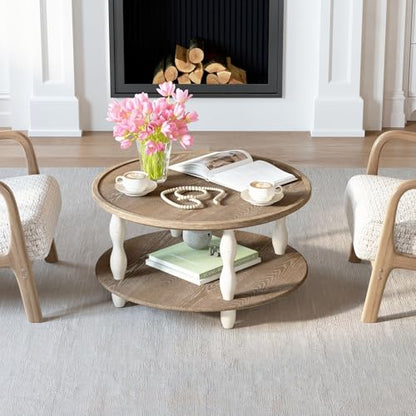 karlott Farmhouse Coffee Table, Tray Round Coffee Tables for Living Room | Solid Wood Veneer Tabletop, Pine Legs & Storage Shelf, Tray Tabletop, Rustic Boho Center Table, Easy Assemble for Living Room - size: 2 Tier Tray Coffee Table 30.3 Inches