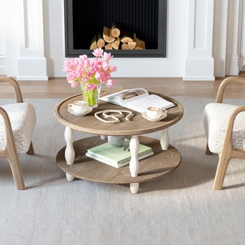 karlott Farmhouse Coffee Table, Tray Round Coffee Tables for Living Room | Solid Wood Veneer Tabletop, Pine Legs & Storage Shelf, Tray Tabletop, Rustic Boho Center Table, Easy Assemble for Living Room - size: Tray Coffee Table 30.3 In