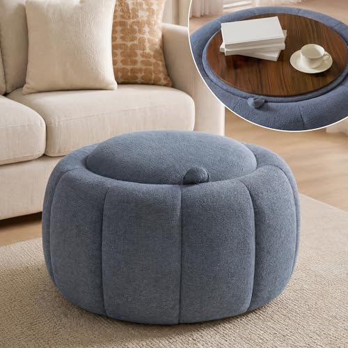 Tbfit Round Storage Ottoman - No Assembly Required, Storage & Sturdy Structure Multi-Functional Seat/Footrest for Living Room, Bedroom & Kids Room Soft Fabric for Family Home Use - color: Blue-chenille