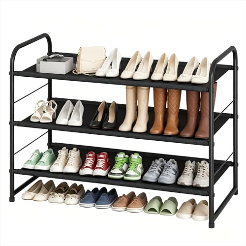 Ekisemio 3-Tier Stackable Shoe Rack – Expandable & Adjustable Fabric Shoe Organizer, Space-Saving for Closet, Black - size: 11.5"D x 27"W x 19"H