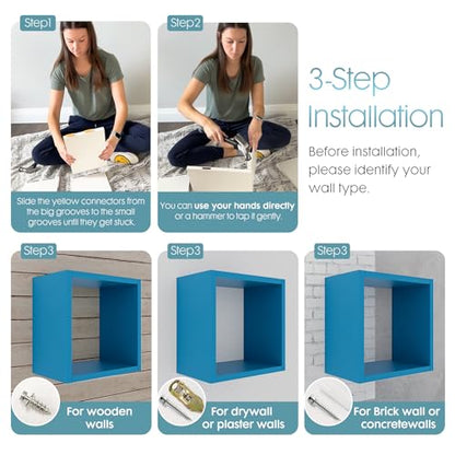 Cube Floating Shelves Set2, Display Shelves Wall Mount 7.75" D x 12.5" W x 12.5" H, (Cyan, Square 2 Cubes) - color: Cyan, size: Square-Set2