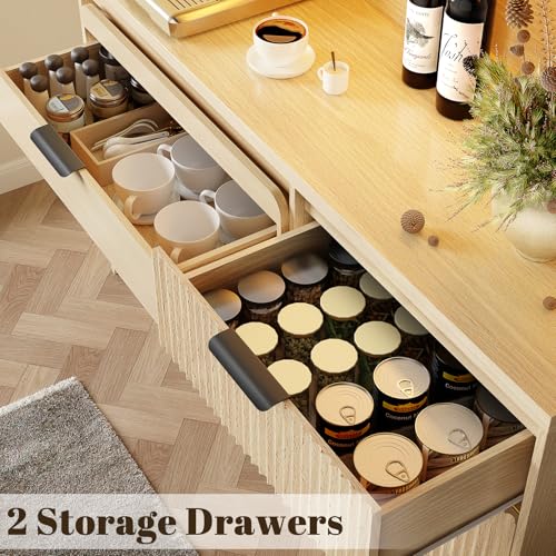 Gyfimoie 71" Large Pantry Cabinet with Wine Cart, Tall Kitchen Pantry Storage Cabinet with LED Light & Charging Station, Farmhouse Kitchen Hutch with Microwave Stand for Dining Room, Natural