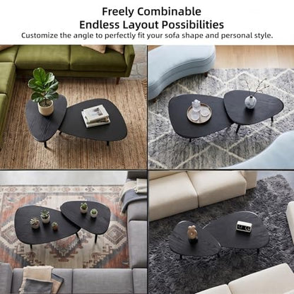 Nesting Coffee Table Set of 2-Mid Century Modern Coffee Table | Guitar Pick Stacking Tables with Solid Wood Legs,Small Coffee Tables for Small spaces,Living Room,Balcony - color: Black