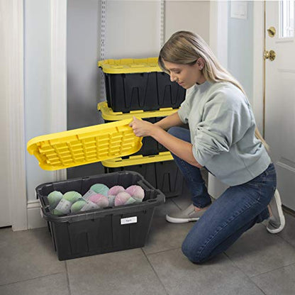 CX Heavy Duty 12-Gallon Stackable Plastic Storage Bins with Lids, 4 Pack | Storage totes for garage organization, Stackable containers, weather-resistant, snap lid, 12.5H x 16.3W x 21.8D, Black/Yellow - size: 12 Gallon