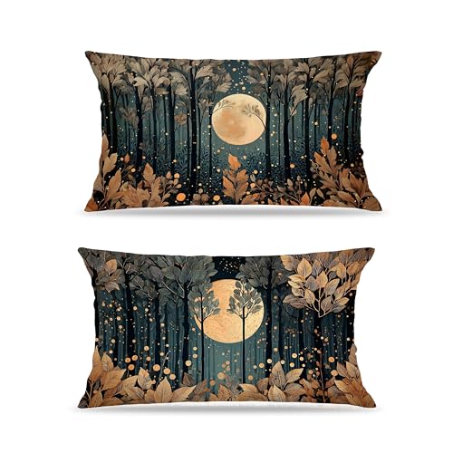 William Morris Inspired Gold Moonlight Forest Throw Pillow Cover 12x20,Vintage Black and Gold Nature Landscape Decorative Lumbar Pillow Cover Case for Home Living Room Bedroom Set of 2 - color: Forest Moon and Starsl-14