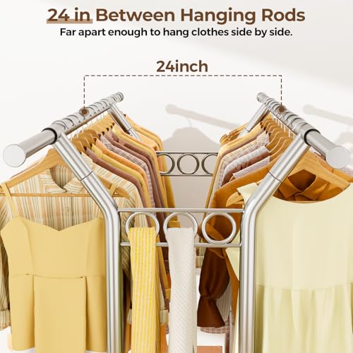 HYSEYY Heavy Duty Clothes Rack, Rolling Clothing Rack With Shelves Load 620 LBS, Double Rod Clothing Racks for Hanging Clothes, Portable& Adjustable Clothes Rack with Wheels Garment Rack - color: Sliver