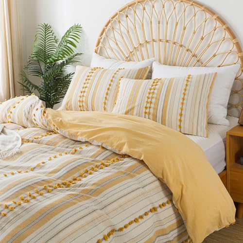 Washed Cotton King Size Duvet Cover Set - Tufted Dots Boho Chic Bedding for All Seasons, Striped Pom Pom Bedding Linen Like Textured Breathable Durable Soft Comfy (Yellow, 104x90'') - color: Yellow, size: King