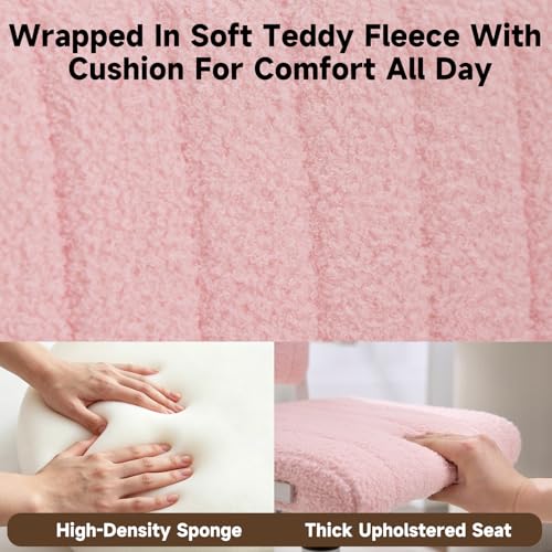 Office Chair Vanity Chair with Wheels | Comfy Desk Chair with Back | Cute Teddy Armless Adjustable Swivel Chair | Small Vanity Stool | for Bedroom Home Computer Task | Pink - color: Pink