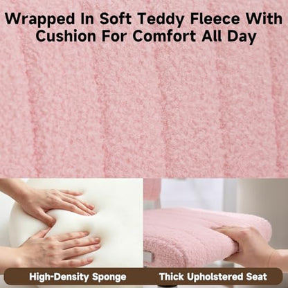Office Chair Vanity Chair with Wheels | Comfy Desk Chair with Back | Cute Teddy Armless Adjustable Swivel Chair | Small Vanity Stool | for Bedroom Home Computer Task | Pink - color: Pink