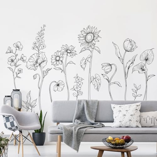 Large Black and White Flower Wall Decals, 3 Sheets Simple Modern Minimalist Sunflower Tulip Wall Stickers Floral Art Decor for Girls Bedroom Home Room Office Adult Gifts for Mom(11.8x35.4 in/Sheet) - style: Large Sunflower Set