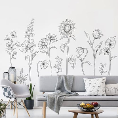 Large Black and White Flower Wall Decals, 3 Sheets Simple Modern Minimalist Sunflower Tulip Wall Stickers Floral Art Decor for Girls Bedroom Home Room Office Adult Gifts for Mom(11.8x35.4 in/Sheet) - style: Large Sunflower Set
