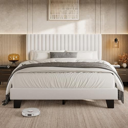 Einhomn Full Size Bed Frame with Headboard, Upholstered Velvet Platform Bedframe with Solid Wooden Slats, Noise-Free, No Box Spring Needed, Easy Assembly, White - color: White, size: Full
