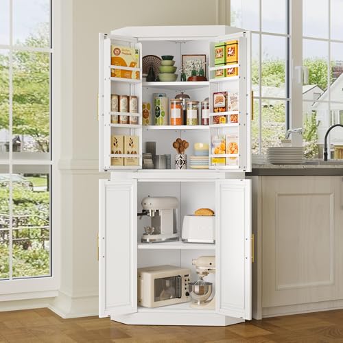 GAIOUS 63" Metal Corner Kitchen Pantry Cabinet, Kitchen Food Cabinets White | Tall Steel Storage Cabinet with 4 Doors and 3 Shelves, Farmhouse Cupboard with 6 Door Panel Shelves, for Dining Hallways - color: White, size: 20.47"D x 20.47"W x 62.99"H