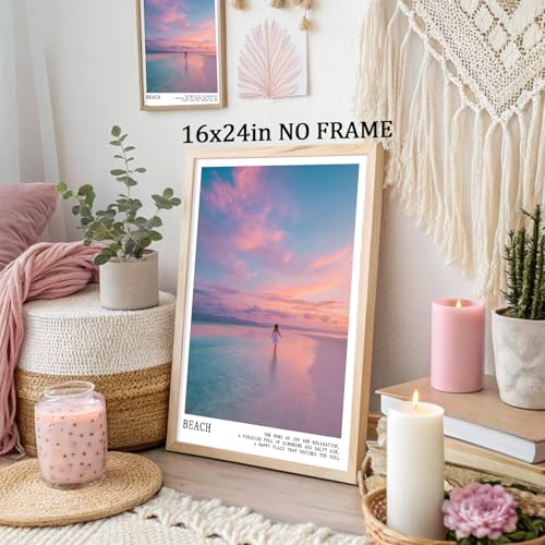 Pink and Blue Coastal Wall Art Cute Preppy Summer Pictures Aesthetic Summer Posters Trendy Beach Pictures Blue Ocean Painting Coastal Cowgirl Artwork Pink Sky Poster for Home Room 16x24inch Frameless - color: C4Unframed